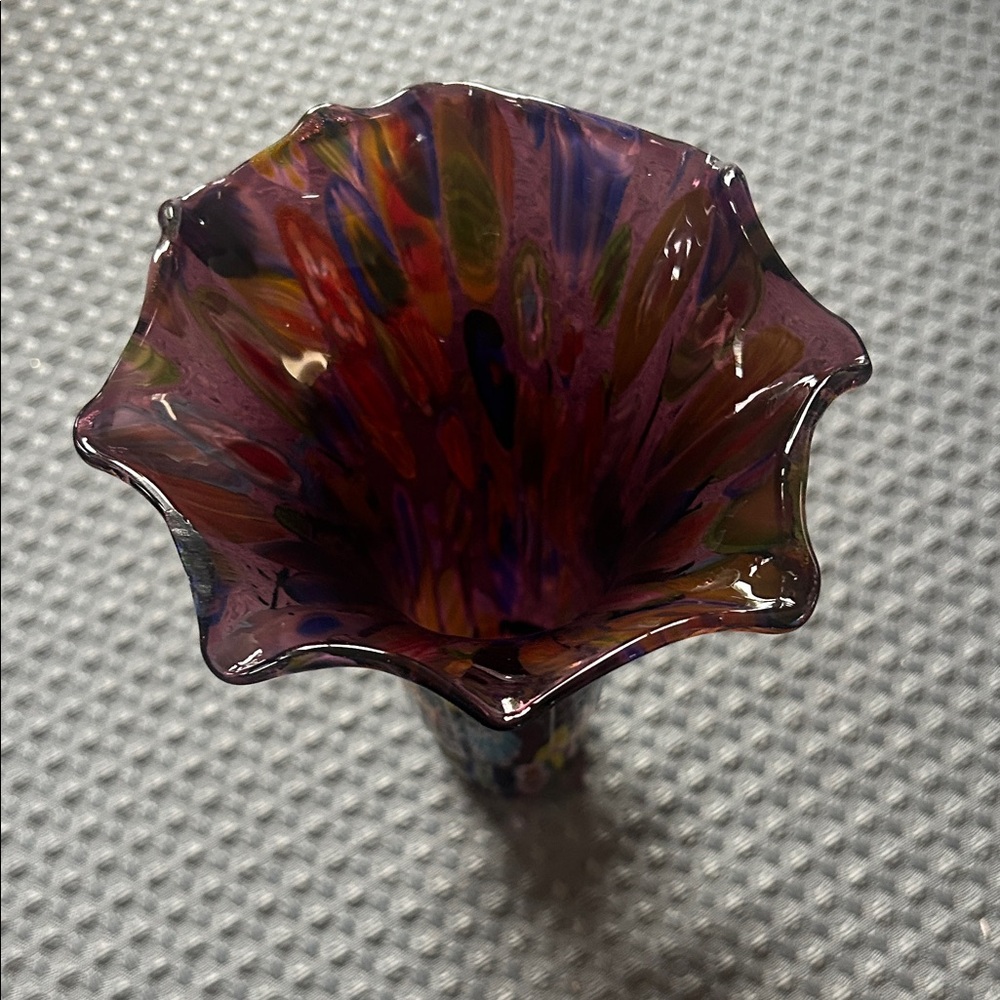 Murano Glass Millefiori 6 inch tall art trumpet ruffled rim for a 1.5" fitter.